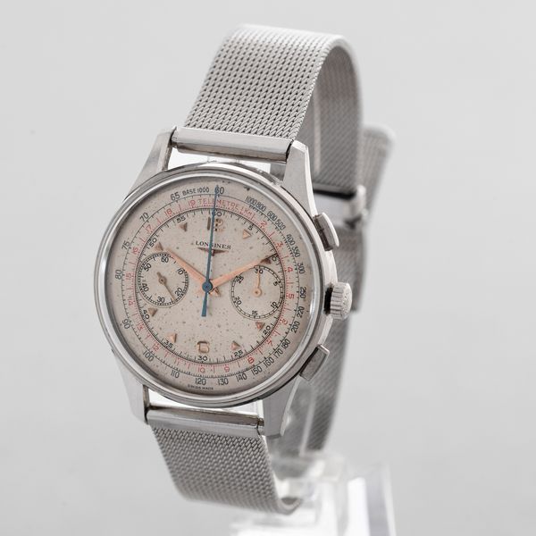 LONGINES - 30 CH cronografo in acciaio due contatori con ritorno in volo, tasti quadri e fondello a scatto. Quadrante Argent con lieve patina e doppia scala, numeri e indici applicati  - Asta Orologio da polso e da tasca  - Associazione Nazionale - Case d'Asta italiane