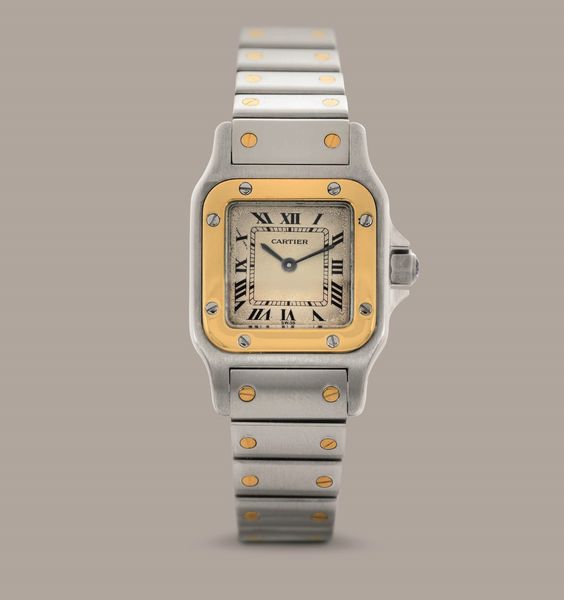 CARTIER - Santos Galb�e acciaio e oro, quadrante Argent� con numeri Romani, movimento al quarzo accompagnato da astuccio originale  - Asta Orologio da polso e da tasca  - Associazione Nazionale - Case d'Asta italiane
