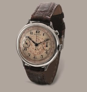 ROLEX - Rarissimo cronografo due contatori da polso monopulsante in acciaio referenza 2021 con fondello a cerniera, anse solidali, quadrante Argent� con scala tachimetrica e telemetrica  - Asta Orologio da polso e da tasca  - Associazione Nazionale - Case d'Asta italiane