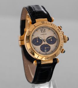 CARTIER - Pasha Chrono tre contatori, cassa in oro giallo 18k, quadrante Argent� con datario e ghiera girevole, movimento al quarzo  - Asta Orologio da polso e da tasca  - Associazione Nazionale - Case d'Asta italiane