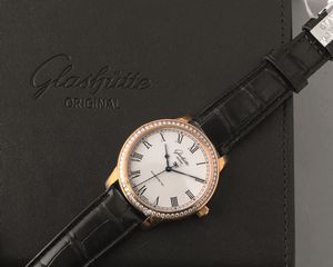 GLASHUTTE - Senator in oro rosa 18k e brillanti, quadrante Argent� con numeri Romani, secondi centrali e movimento automatico a vista  - Asta Orologio da polso e da tasca  - Associazione Nazionale - Case d'Asta italiane