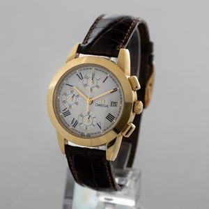 OMEGA - Louis Brandt cronografo tre contatori verticali con datario, cassa in oro giallo 18k, quadrante bianco guilloch� con numeri Romani accompagnato da scatola  - Asta Orologio da polso e da tasca  - Associazione Nazionale - Case d'Asta italiane