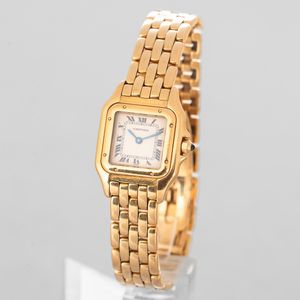 CARTIER - Panth�re in oro giallo 18k, quadrante Gren� con numeri Romani e sfere in acciaio azzurrato, corona di carica con zaffiro cabochon  - Asta Orologio da polso e da tasca  - Associazione Nazionale - Case d'Asta italiane