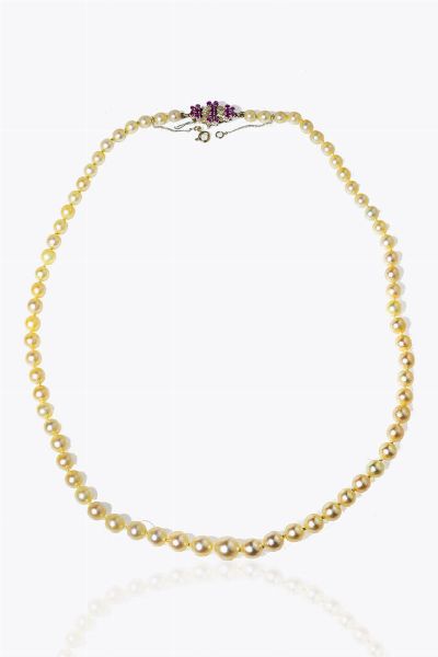 GIROCOLLO : Lunghezza cm 55 composta da un filo di perle giapponesi a scalare dal diam. di mm 5 5 a 8 8. Chiusura in oro bianco con rubini taglio rotondo  - Asta Gioielli - Associazione Nazionale - Case d'Asta italiane