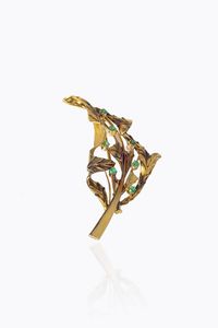 SPILLA - Peso gr 12 3 Cm 6x3 in oro giallo  a forma di foglia  con piccoli smeraldini