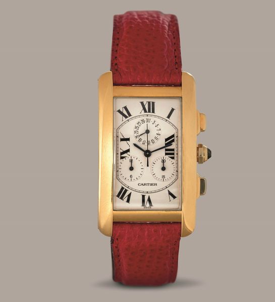 CARTIER - Tank Americaine in oro giallo 18k tre contatori, quadrante bianco con numeri Romani, movimento al quarzo  - Asta Orologi da Polso e da Tasca - Associazione Nazionale - Case d'Asta italiane