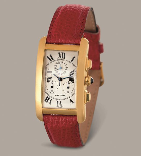 CARTIER - Tank Americaine in oro giallo 18k tre contatori, quadrante bianco con numeri Romani, movimento al quarzo  - Asta Orologi da Polso e da Tasca - Associazione Nazionale - Case d'Asta italiane