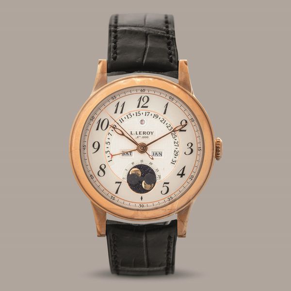 LEROY - Quantieme Perpetuel in oro rosa 18k, quadrante guilloch� con numeri Arabi, calendario perpetuo e fasi lunari, mai indossato  - Asta Orologi da Polso e da Tasca - Associazione Nazionale - Case d'Asta italiane