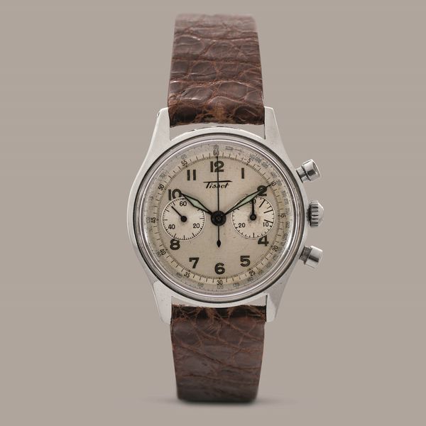 TISSOT - Cronografo due contatori ref 6220, cassa in acciaio con tasti a pompa e fondello a vite. Movimento carica manuale, quadrante Argent� con numeri Arabi e sfere luminose  - Asta Orologi da Polso e da Tasca - Associazione Nazionale - Case d'Asta italiane