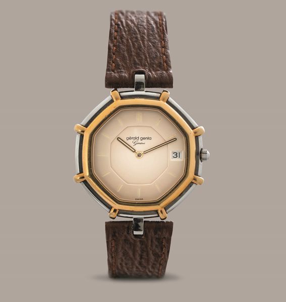 GERALD GENTA - Orologio solo tempo con datario al quarzo, acciaio e oro, cassa ottagonale con anse Vendome, quadrante bianco panna  - Asta Orologi da Polso e da Tasca - Associazione Nazionale - Case d'Asta italiane