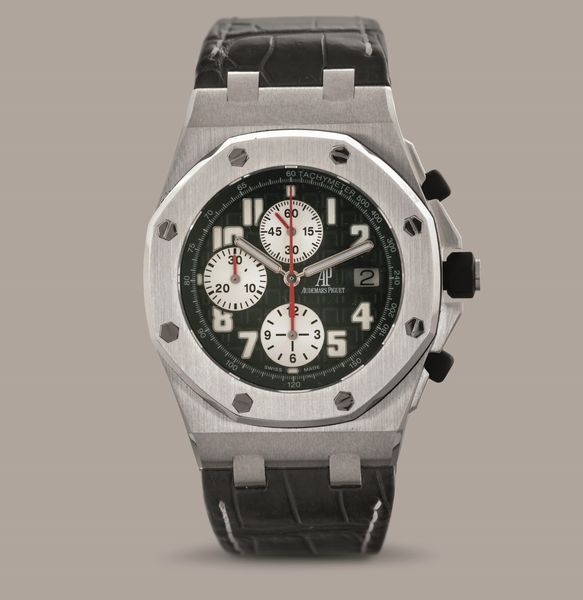AUDEMARS PIGUET - Offshore Montenapoleone edizione limitata 100 esemplari, ref 26075ST in acciaio, quadrante verde Gran Tapisserie numeri Arabi, tre contatori verticali e datario  - Asta Orologi da Polso e da Tasca - Associazione Nazionale - Case d'Asta italiane