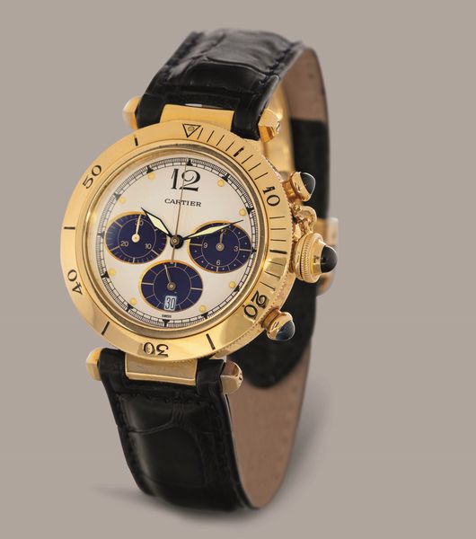 CARTIER - Pasha Chrono tre contatori, cassa in oro giallo 18k, quadrante Argent� con datario e ghiera girevole, movimento al quarzo  - Asta Orologi da Polso e da Tasca - Associazione Nazionale - Case d'Asta italiane