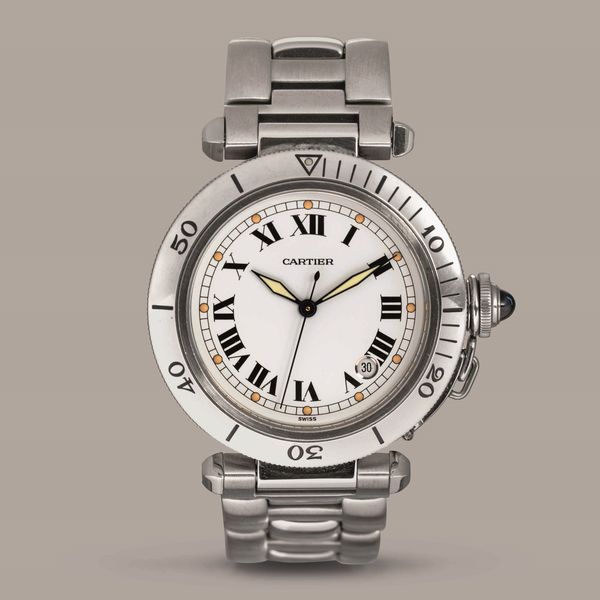 CARTIER - Pasha, in acciaio, automatico, misura grande, quadrante bianco con numeri Romani e luminescenza al trizio, con scatola originale  - Asta Orologi da Polso e da Tasca - Associazione Nazionale - Case d'Asta italiane
