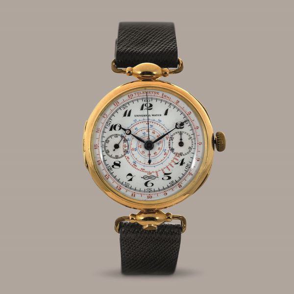 UNIVERSAL WATCH - Cronografo monopulsante Telemetre con stemma Savoia a ore sei, quadrante smaltato due contatori multiscala, cassa a cerniera in oro giallo 18k con anse snodate  - Asta Orologi da Polso e da Tasca - Associazione Nazionale - Case d'Asta italiane