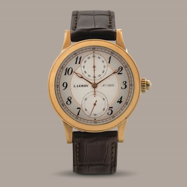 LEROY - Chronometre Certifie in oro giallo 18k, cronografo monopulsante coassiale, due contatori verticali, quadrante Argent� guilloch� con numeri Arabi, movimento automatico a vista  - Asta Orologi da Polso e da Tasca - Associazione Nazionale - Case d'Asta italiane