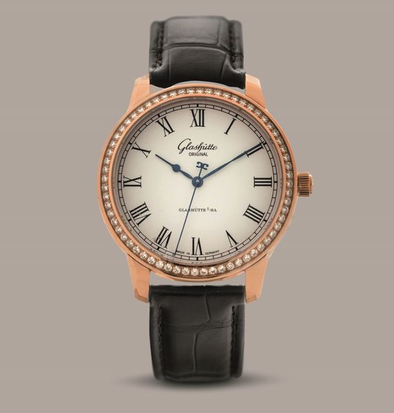 GLASHUTTE - Senator in oro rosa 18k e brillanti, quadrante Argent� con numeri Romani, secondi centrali e movimento automatico a vista  - Asta Orologi da Polso e da Tasca - Associazione Nazionale - Case d'Asta italiane