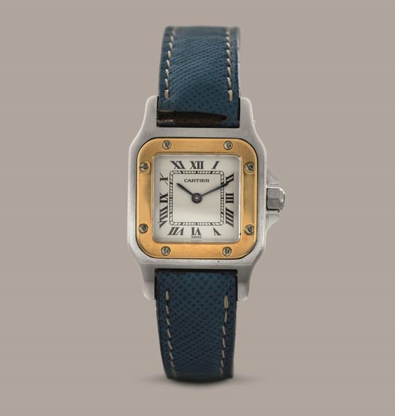 CARTIER - Santos acciaio e oro con cinturino in pelle e deployante, quadrante Argent� numeri Romani, movimento al quarzo  - Asta Orologi da Polso e da Tasca - Associazione Nazionale - Case d'Asta italiane