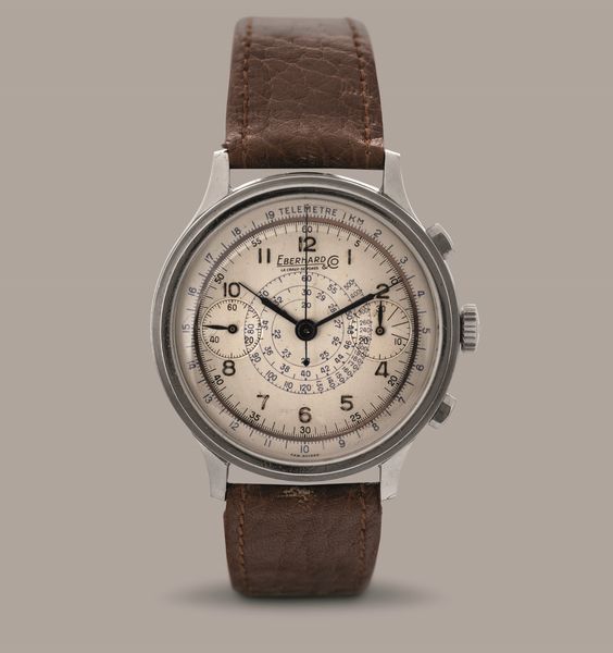 EBERHARD - Extrafort cronografo due contatori in acciaio con cassa a scalino, tasti a oliva, quadrante Argent� con pista cromata rosa e doppia scala  - Asta Orologi da Polso e da Tasca - Associazione Nazionale - Case d'Asta italiane