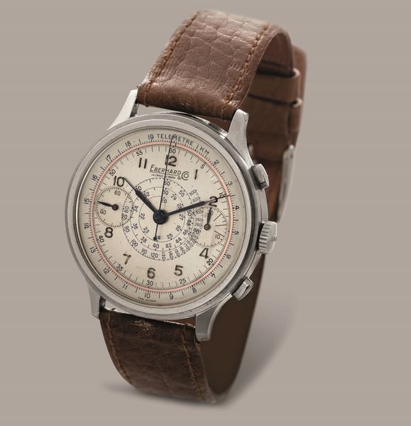 EBERHARD - Extrafort cronografo due contatori in acciaio con cassa a scalino, tasti a oliva, quadrante Argent� con pista cromata rosa e doppia scala  - Asta Orologi da Polso e da Tasca - Associazione Nazionale - Case d'Asta italiane