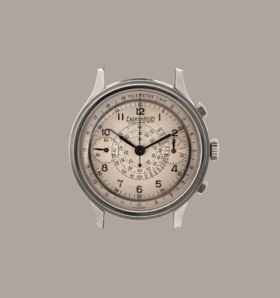 EBERHARD - Extrafort cronografo due contatori in acciaio con cassa a scalino, tasti a oliva, quadrante Argent� con pista cromata rosa e doppia scala  - Asta Orologi da Polso e da Tasca - Associazione Nazionale - Case d'Asta italiane
