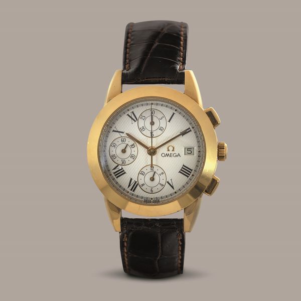 OMEGA - Louis Brandt cronografo tre contatori verticali con datario, cassa in oro giallo 18k, quadrante bianco guilloch� con numeri Romani accompagnato da scatola  - Asta Orologi da Polso e da Tasca - Associazione Nazionale - Case d'Asta italiane
