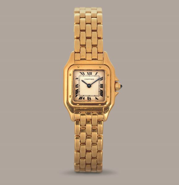 CARTIER - Panth�re in oro giallo 18k, quadrante Gren� con numeri Romani e sfere in acciaio azzurrato, corona di carica con zaffiro cabochon  - Asta Orologi da Polso e da Tasca - Associazione Nazionale - Case d'Asta italiane