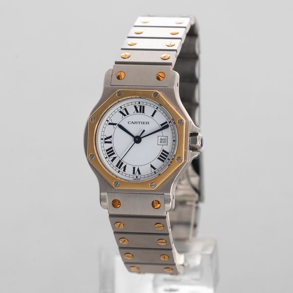 CARTIER - Santos Octagon acciaio e oro automatico, quadrante bianco con numeri Romani con datario accompagnato da scatola e garanzia in ottime condizioni  - Asta Orologi da Polso e da Tasca - Associazione Nazionale - Case d'Asta italiane