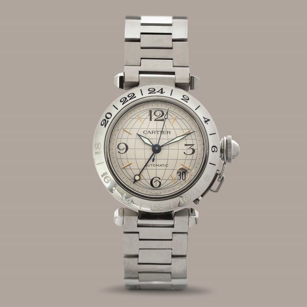 CARTIER - Pasha GMT in acciaio, quadrante Argent� con numeri Arabi, sfera delle 24 ore carica automatica  - Asta Orologi da Polso e da Tasca - Associazione Nazionale - Case d'Asta italiane