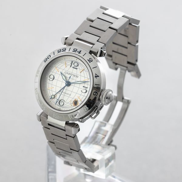 CARTIER - Pasha GMT in acciaio, quadrante Argent� con numeri Arabi, sfera delle 24 ore carica automatica  - Asta Orologi da Polso e da Tasca - Associazione Nazionale - Case d'Asta italiane