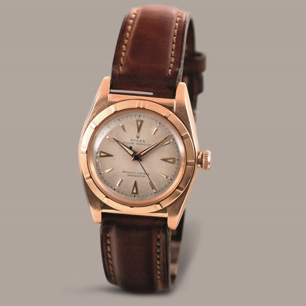 ROLEX - Ovetto ref 4777 in oro rosa 18k con ghiera lavorata, quadrante argento Gren� con inidici e sfere luminose, secondi centrali e movimento automatico  - Asta Orologi da Polso e da Tasca - Associazione Nazionale - Case d'Asta italiane