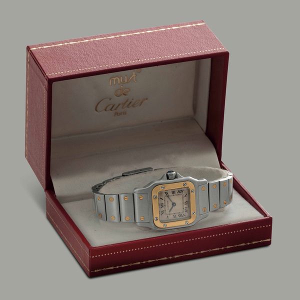 CARTIER - Santos Galb�e acciaio e oro, quadrante Argent� con numeri Romani, movimento al quarzo accompagnato da astuccio originale  - Asta Orologi da Polso e da Tasca - Associazione Nazionale - Case d'Asta italiane