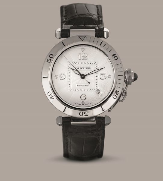 CARTIER - Pasha in oro bianco 18k, quadrante Argent� con numeri Arabi, movimento automatico con scatola originale  - Asta Orologi da Polso e da Tasca - Associazione Nazionale - Case d'Asta italiane