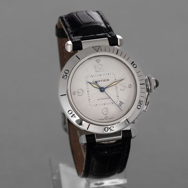 CARTIER - Pasha in oro bianco 18k, quadrante Argent� con numeri Arabi, movimento automatico con scatola originale  - Asta Orologi da Polso e da Tasca - Associazione Nazionale - Case d'Asta italiane