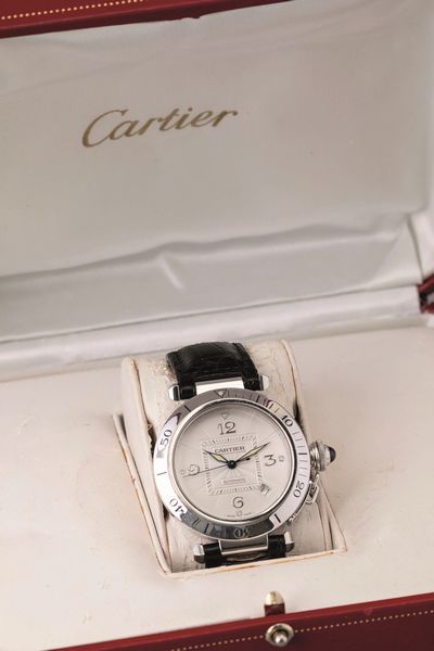CARTIER - Pasha in oro bianco 18k, quadrante Argent� con numeri Arabi, movimento automatico con scatola originale  - Asta Orologi da Polso e da Tasca - Associazione Nazionale - Case d'Asta italiane