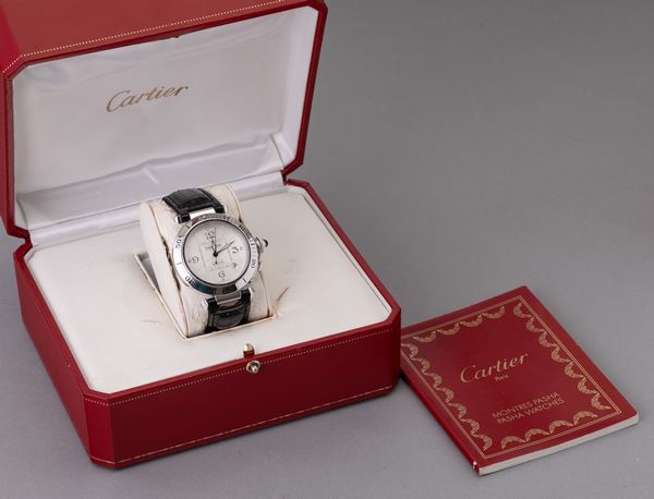 CARTIER - Pasha in oro bianco 18k, quadrante Argent� con numeri Arabi, movimento automatico con scatola originale  - Asta Orologi da Polso e da Tasca - Associazione Nazionale - Case d'Asta italiane