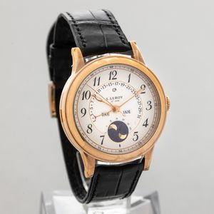 LEROY - Quantieme Perpetuel in oro rosa 18k, quadrante guilloch� con numeri Arabi, calendario perpetuo e fasi lunari, mai indossato  - Asta Orologi da Polso e da Tasca - Associazione Nazionale - Case d'Asta italiane