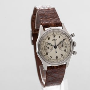 TISSOT - Cronografo due contatori ref 6220, cassa in acciaio con tasti a pompa e fondello a vite. Movimento carica manuale, quadrante Argent� con numeri Arabi e sfere luminose  - Asta Orologi da Polso e da Tasca - Associazione Nazionale - Case d'Asta italiane