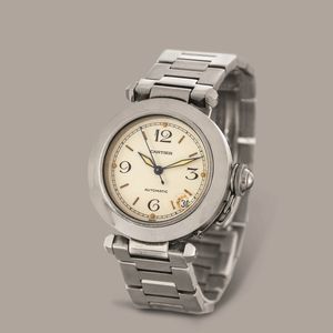 CARTIER - Pash� in acciaio automatico, quadrante bianco numeri Arabi con datario, sfere luminescenti chiusura a scomparsa  - Asta Orologi da Polso e da Tasca - Associazione Nazionale - Case d'Asta italiane
