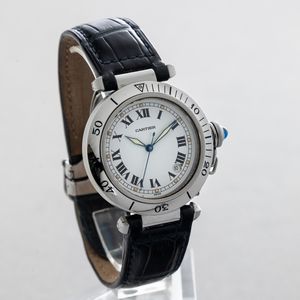 CARTIER - Pasha in acciaio, quadrante bianco numeri Romani con datario, movimento automatico e chiusura deployante  - Asta Orologi da Polso e da Tasca - Associazione Nazionale - Case d'Asta italiane