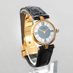 CARTIER - Vendome Vermeil in argento 925 placcato oro, quadrante bitonale, cinturino in pelle con fibbia laminata e movimento al quarzo  - Asta Orologi da Polso e da Tasca - Associazione Nazionale - Case d'Asta italiane