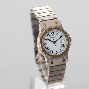 CARTIER - Santos Octagon acciaio e oro automatico, quadrante bianco con numeri Romani con datario accompagnato da scatola e garanzia in ottime condizioni  - Asta Orologi da Polso e da Tasca - Associazione Nazionale - Case d'Asta italiane