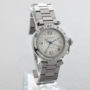 CARTIER - Pasha GMT in acciaio, quadrante Argent� con numeri Arabi, sfera delle 24 ore carica automatica  - Asta Orologi da Polso e da Tasca - Associazione Nazionale - Case d'Asta italiane