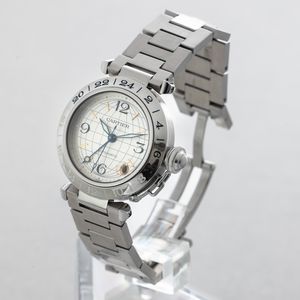 CARTIER - Pasha GMT in acciaio, quadrante Argent� con numeri Arabi, sfera delle 24 ore carica automatica  - Asta Orologi da Polso e da Tasca - Associazione Nazionale - Case d'Asta italiane