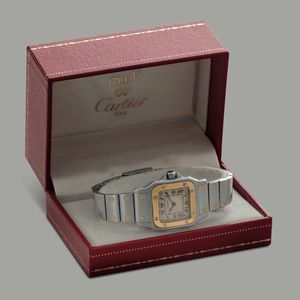 CARTIER - Santos Galb�e acciaio e oro, quadrante Argent� con numeri Romani, movimento al quarzo accompagnato da astuccio originale  - Asta Orologi da Polso e da Tasca - Associazione Nazionale - Case d'Asta italiane