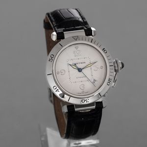 CARTIER - Pasha in oro bianco 18k, quadrante Argent� con numeri Arabi, movimento automatico con scatola originale  - Asta Orologi da Polso e da Tasca - Associazione Nazionale - Case d'Asta italiane