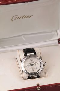 CARTIER - Pasha in oro bianco 18k, quadrante Argent� con numeri Arabi, movimento automatico con scatola originale  - Asta Orologi da Polso e da Tasca - Associazione Nazionale - Case d'Asta italiane
