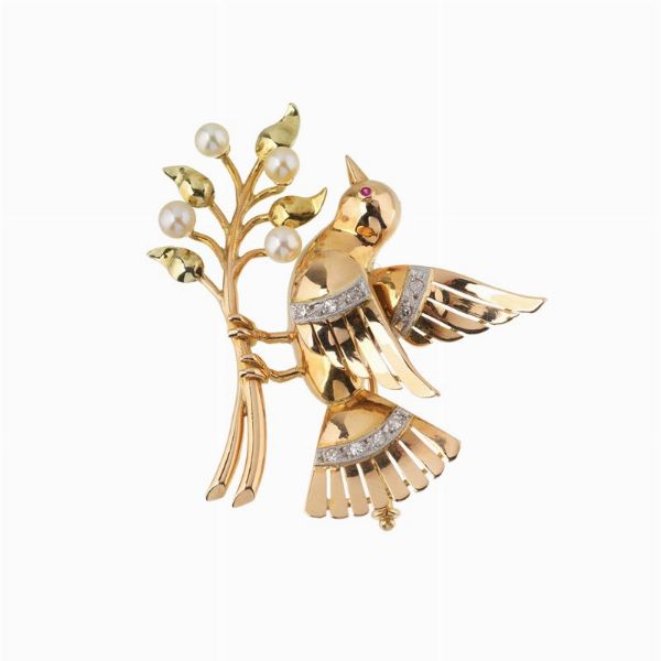 SPILLA  ANIMALIER CON PERLE E DIAMANTI  - Asta Gioielli - Associazione Nazionale - Case d'Asta italiane