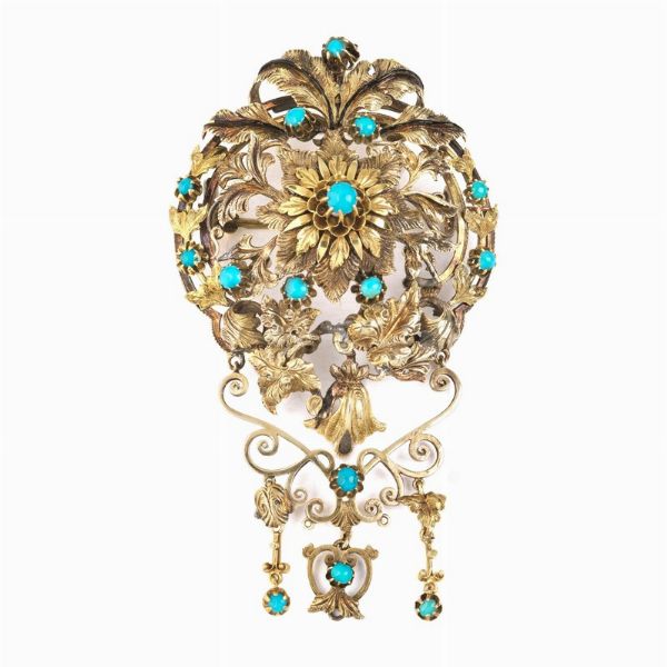 GRANDE SPILLA A FORMA DI TRALCI CON TURCHESI  - Asta Gioielli - Associazione Nazionale - Case d'Asta italiane