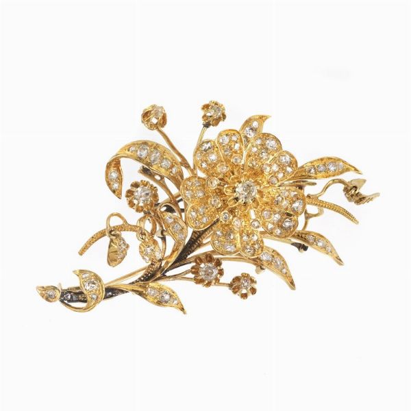 SPILLA EN TREMBLANT A FORMA DI TRALCIO FIORITO CON DIAMANTI  - Asta Gioielli - Associazione Nazionale - Case d'Asta italiane
