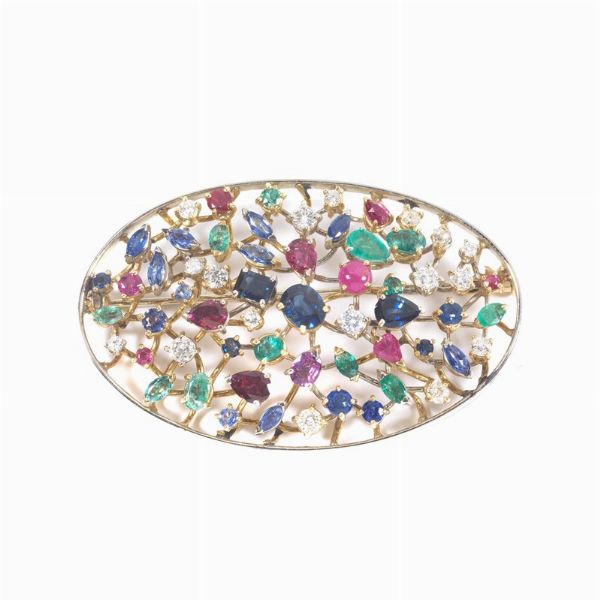 SPILLA A CON PIETRE DI COLORE E DIAMANTI  - Asta Gioielli - Associazione Nazionale - Case d'Asta italiane